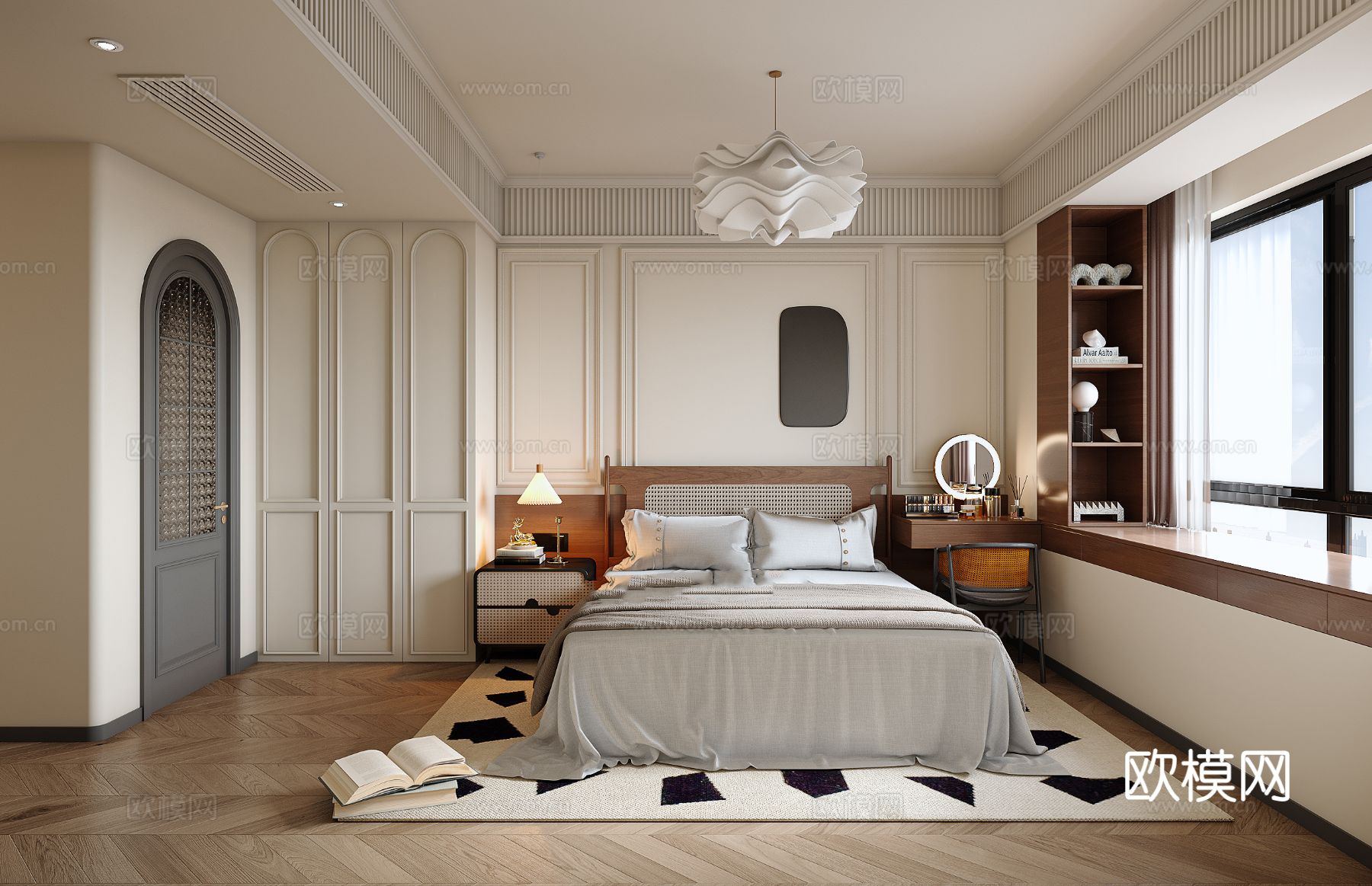 中古风家装效果客厅卧室大平层效果图下载（渲染图4）