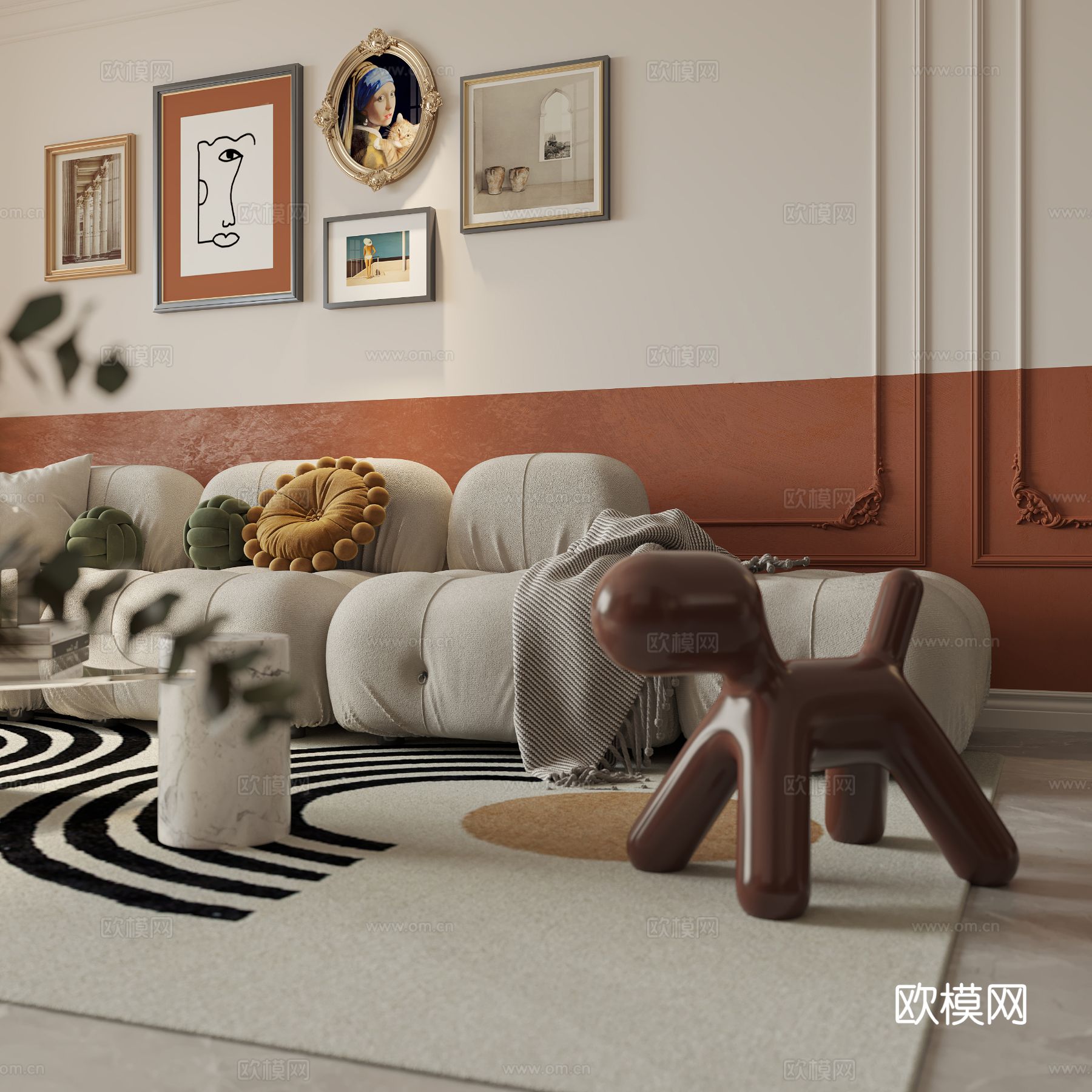 中古风家装效果客厅卧室大平层效果图下载（渲染图5）