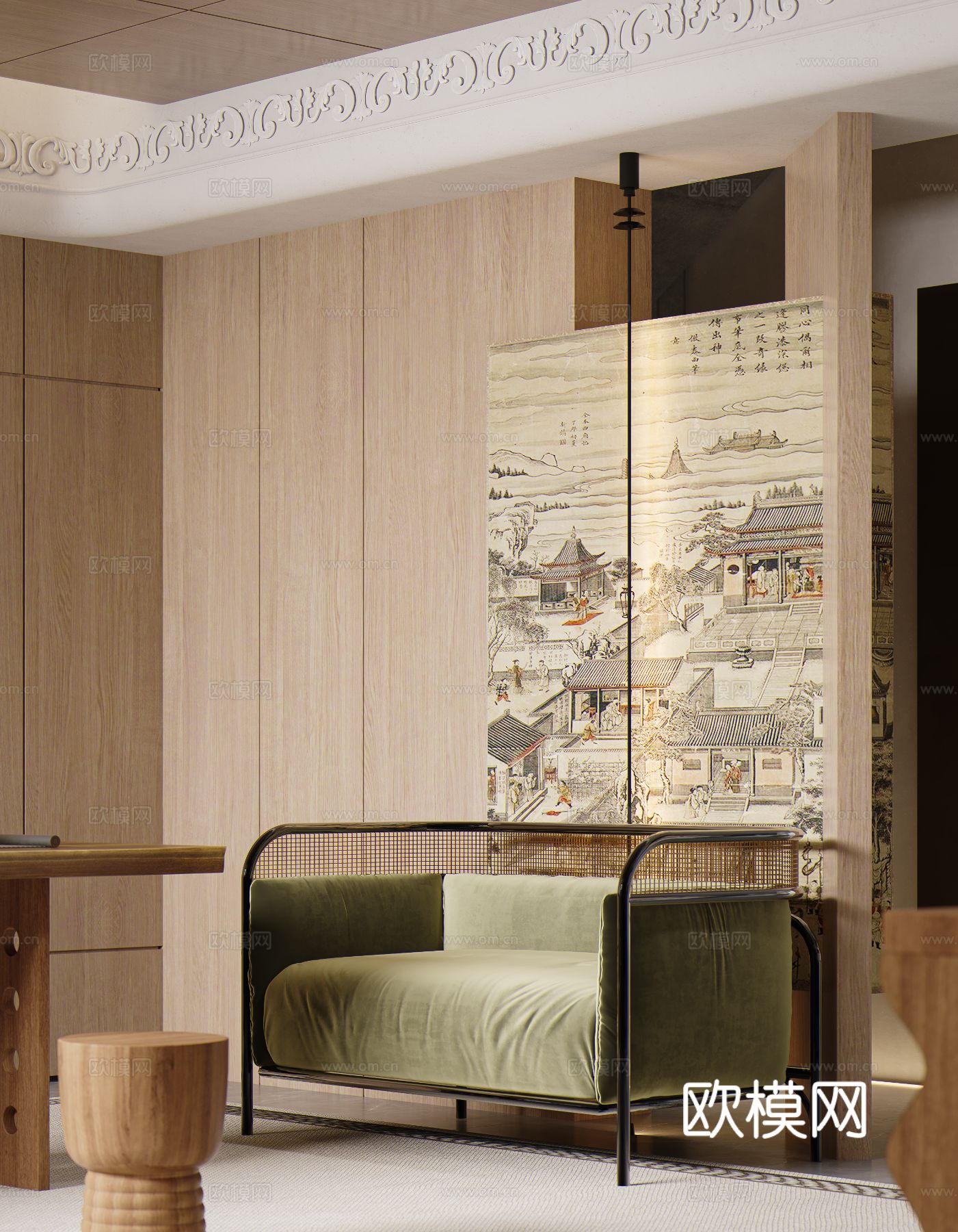 中古风地下室 茶室效果图下载（渲染图1）