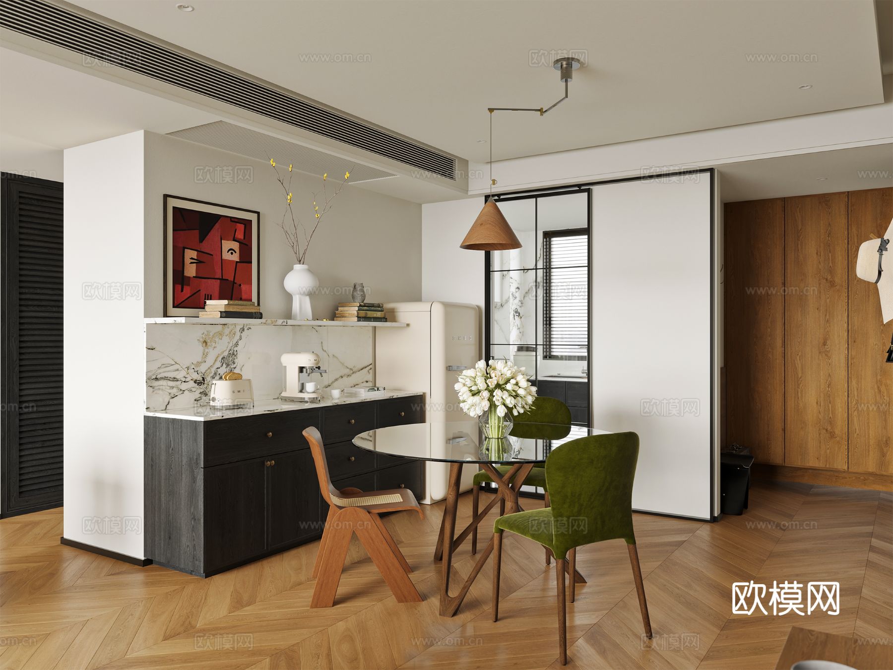 中古风家装效果客厅卧室大平层效果图下载（渲染图2）