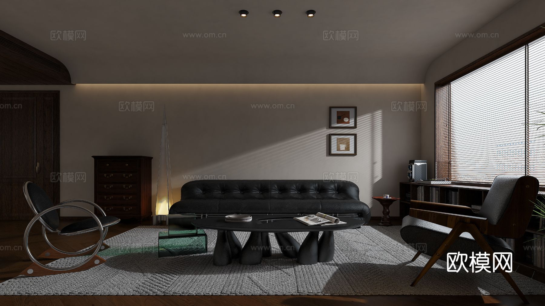 中古风家装效果客厅卧室大平层效果图下载（渲染图3）