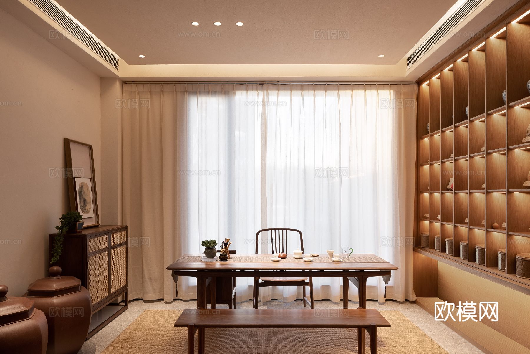 新中式茶室设计 餐厅效果图下载（渲染图1）