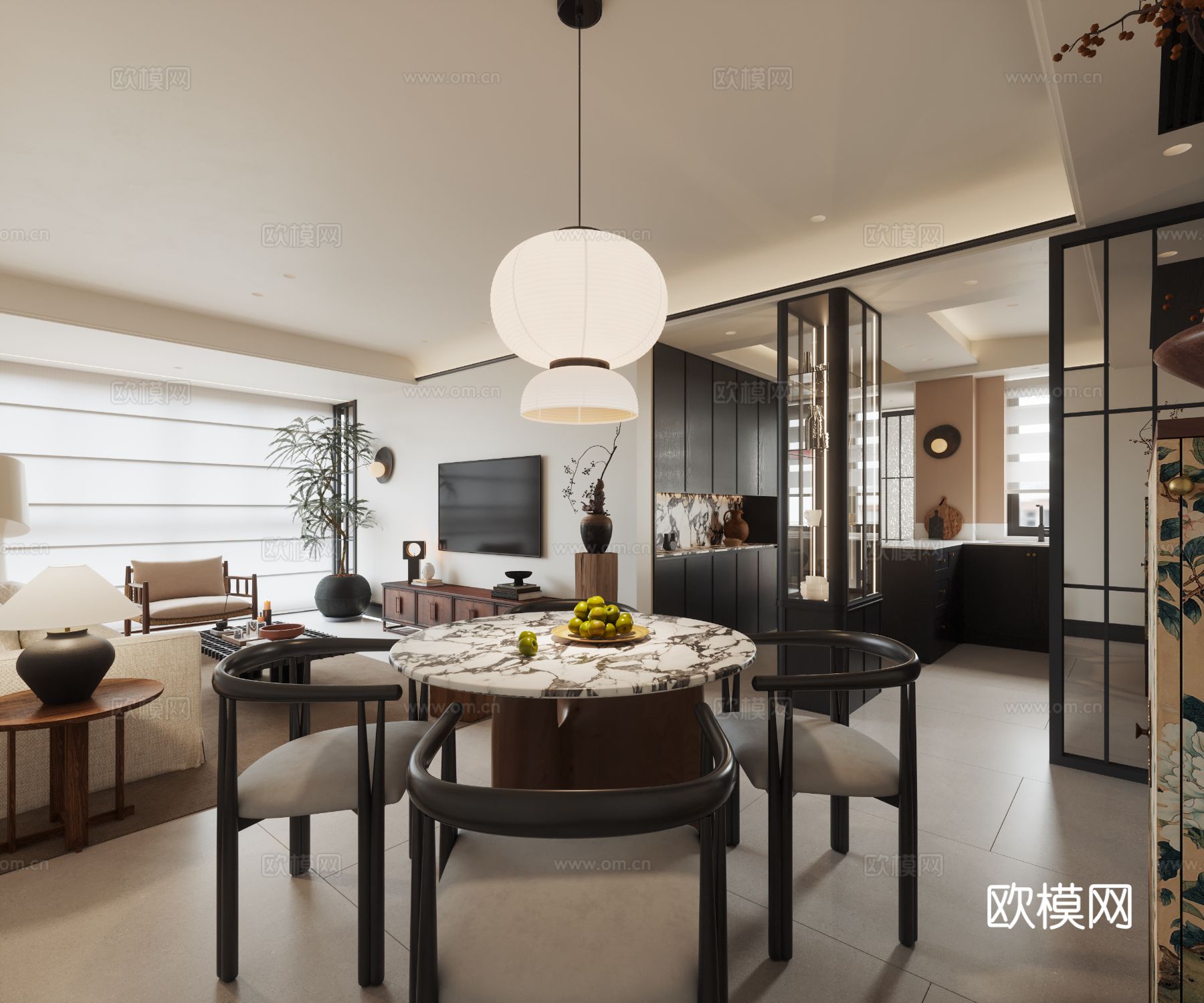 中古风家装效果客厅卧室大平层效果图下载（渲染图2）