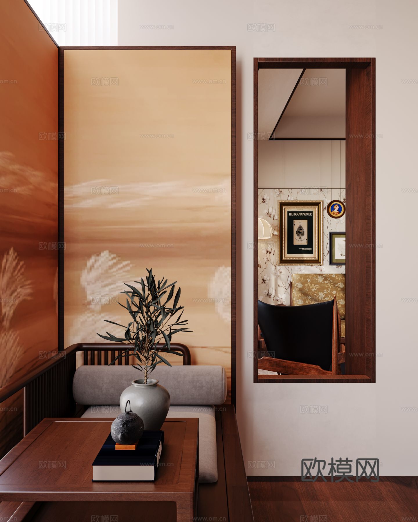 中古风家装效果客厅卧室大平层效果图下载（渲染图3）