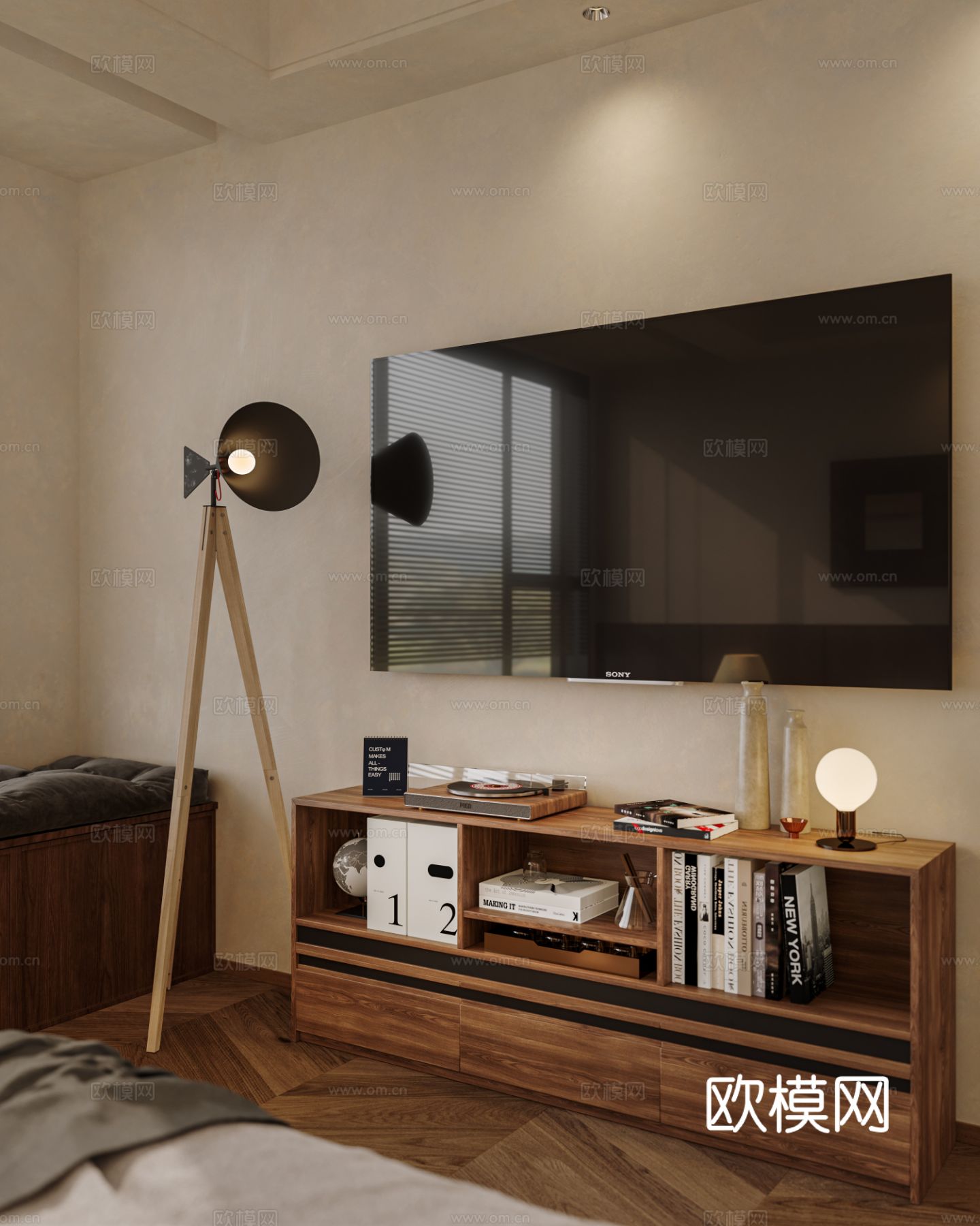 中古风家装效果客厅卧室大平层效果图下载（渲染图11）