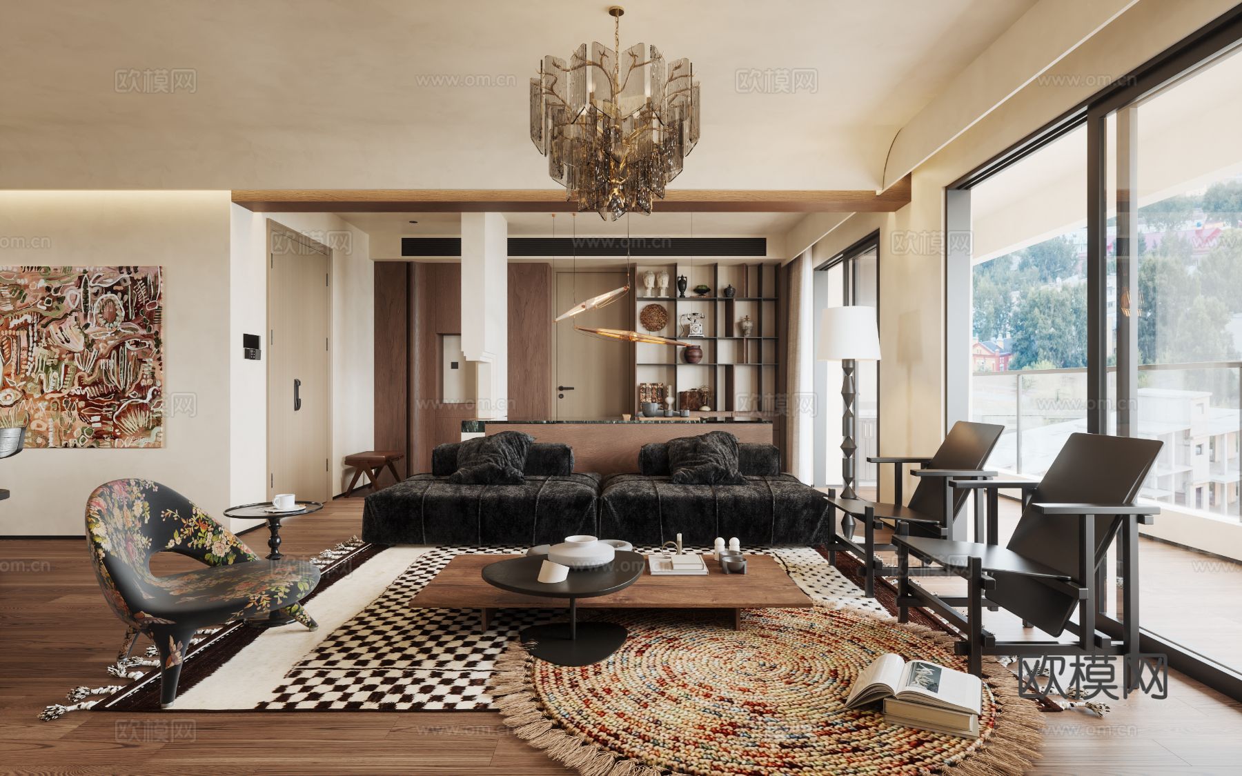 中古风家装效果客厅卧室大平层效果图下载（渲染图1）