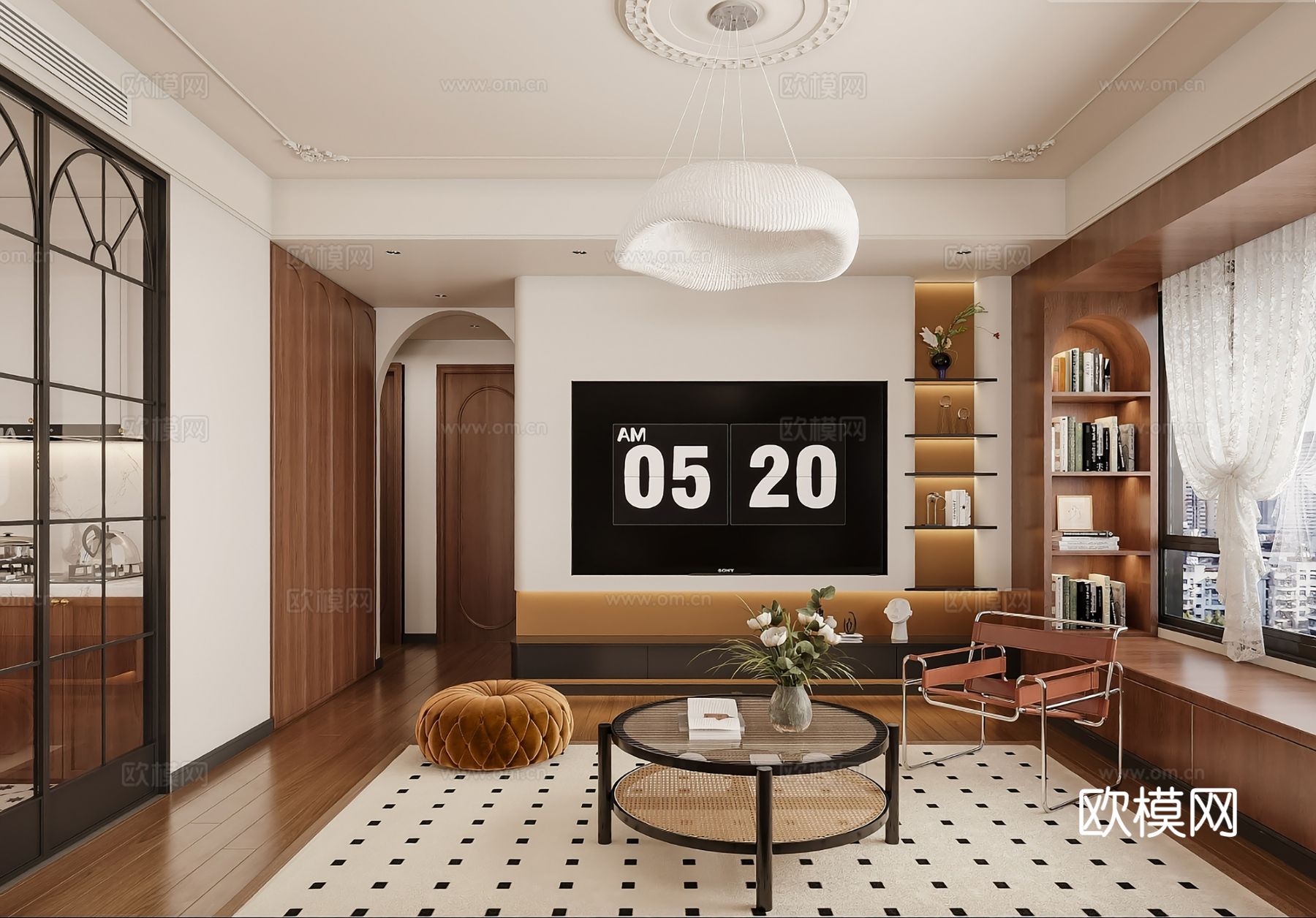 中古风家装效果客厅卧室大平层效果图下载（渲染图1）