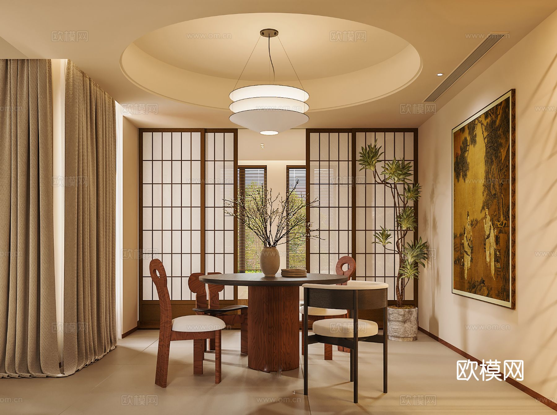 中古风家装效果客厅卧室大平层效果图下载（渲染图5）