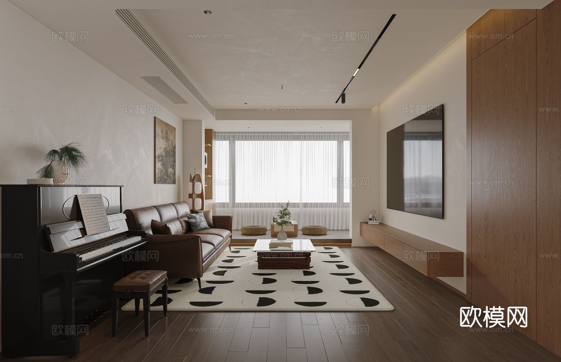 中古风家装效果客厅卧室大平层效果图下载（渲染图8）