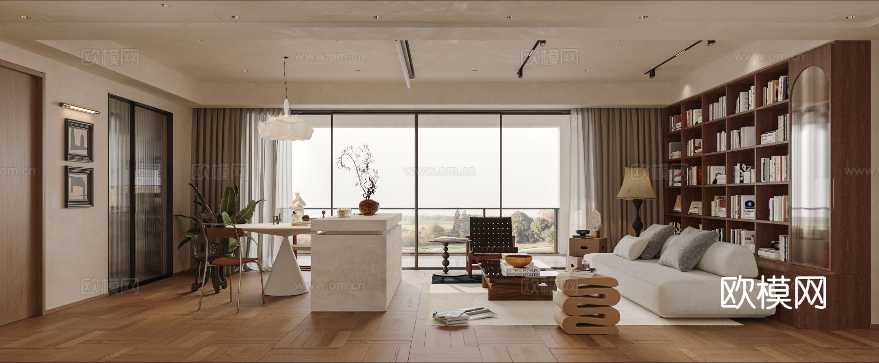 中古风家装效果客厅卧室大平层效果图下载（渲染图1）