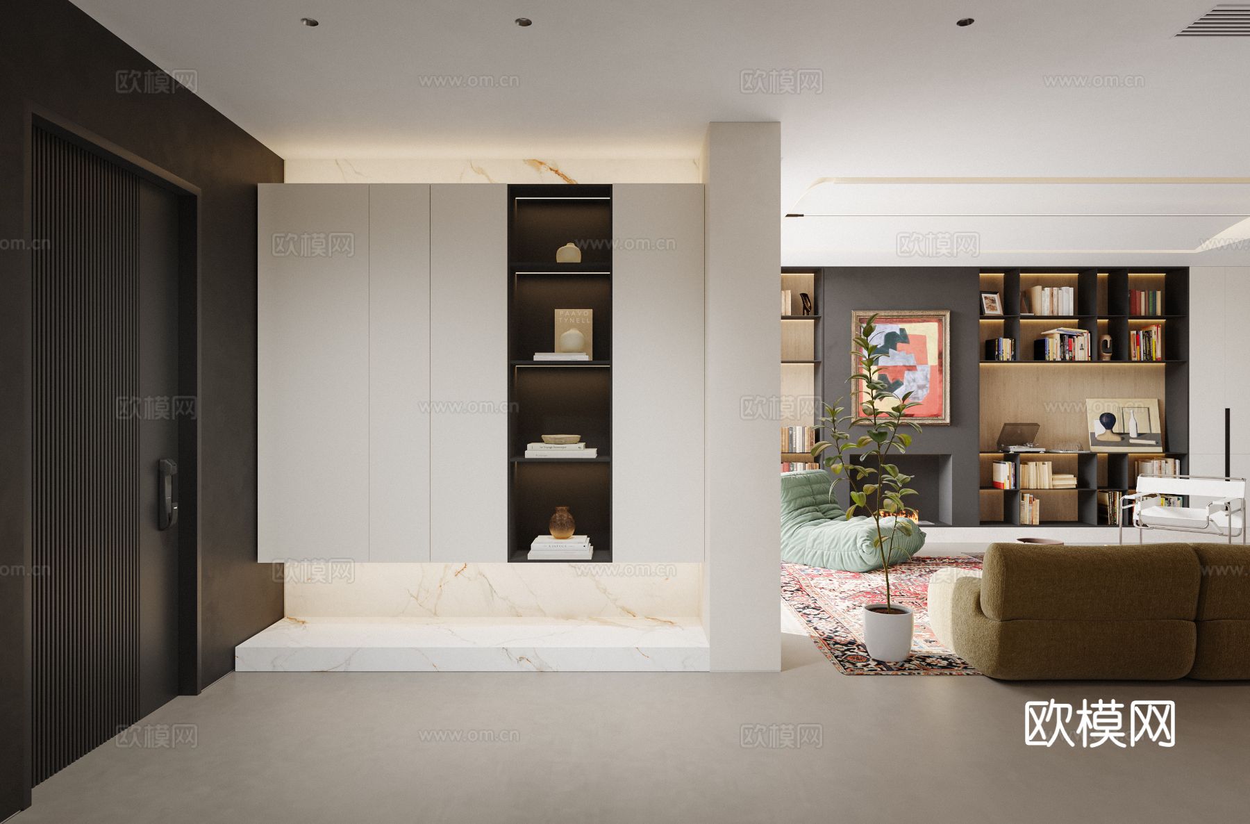 中古风家装效果客厅卧室大平层效果图下载（渲染图9）