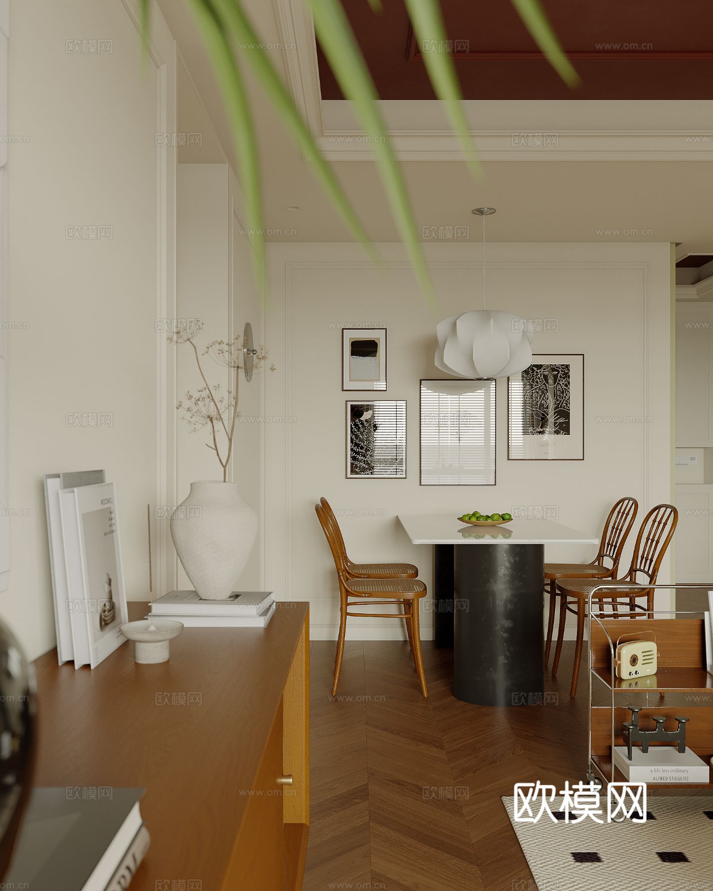 中古风家装效果客厅卧室大平层效果图下载（渲染图6）