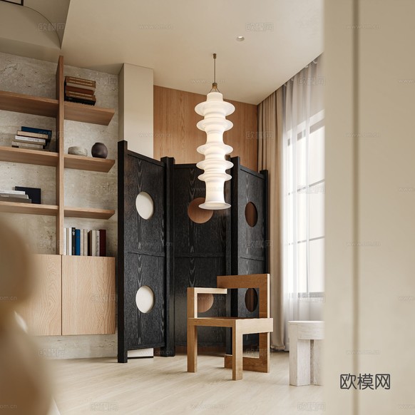 中古風(fēng)家裝效果客廳臥室大平層效果圖下載(渲染圖4)