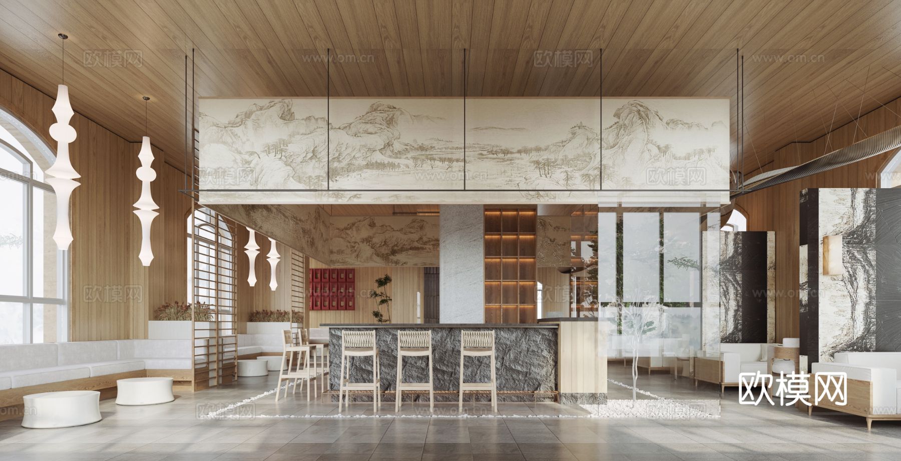 侘寂风茶楼设计效果图下载（渲染图1）