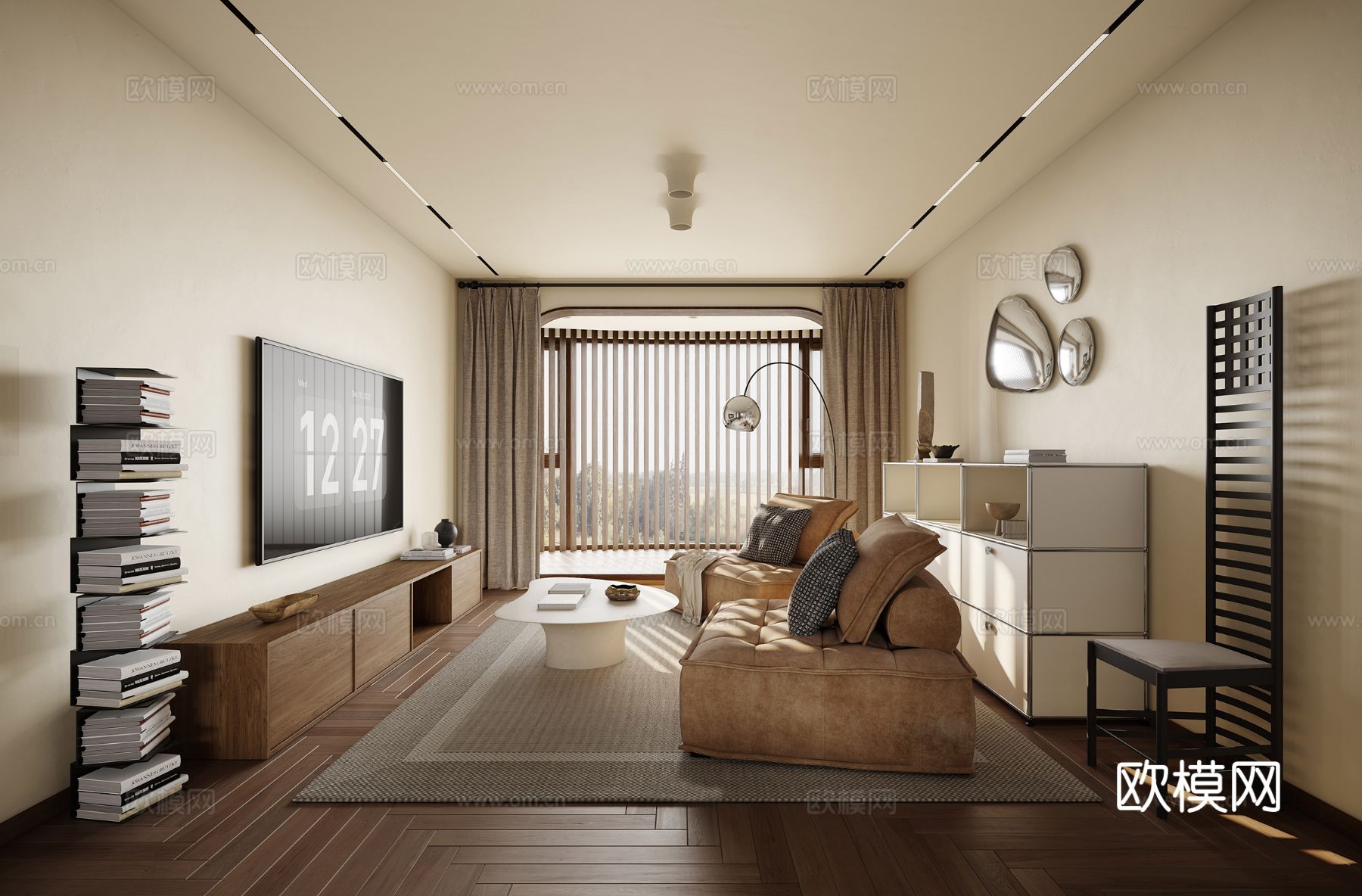 中古风家装效果客厅卧室大平层效果图下载（渲染图1）