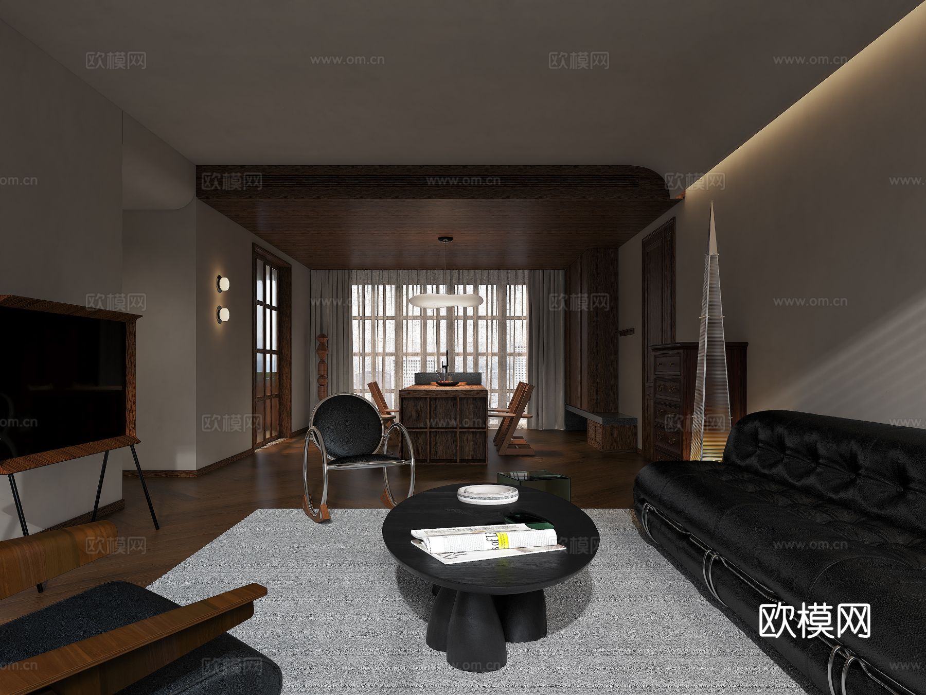 中古风家装效果客厅卧室大平层效果图下载（渲染图6）