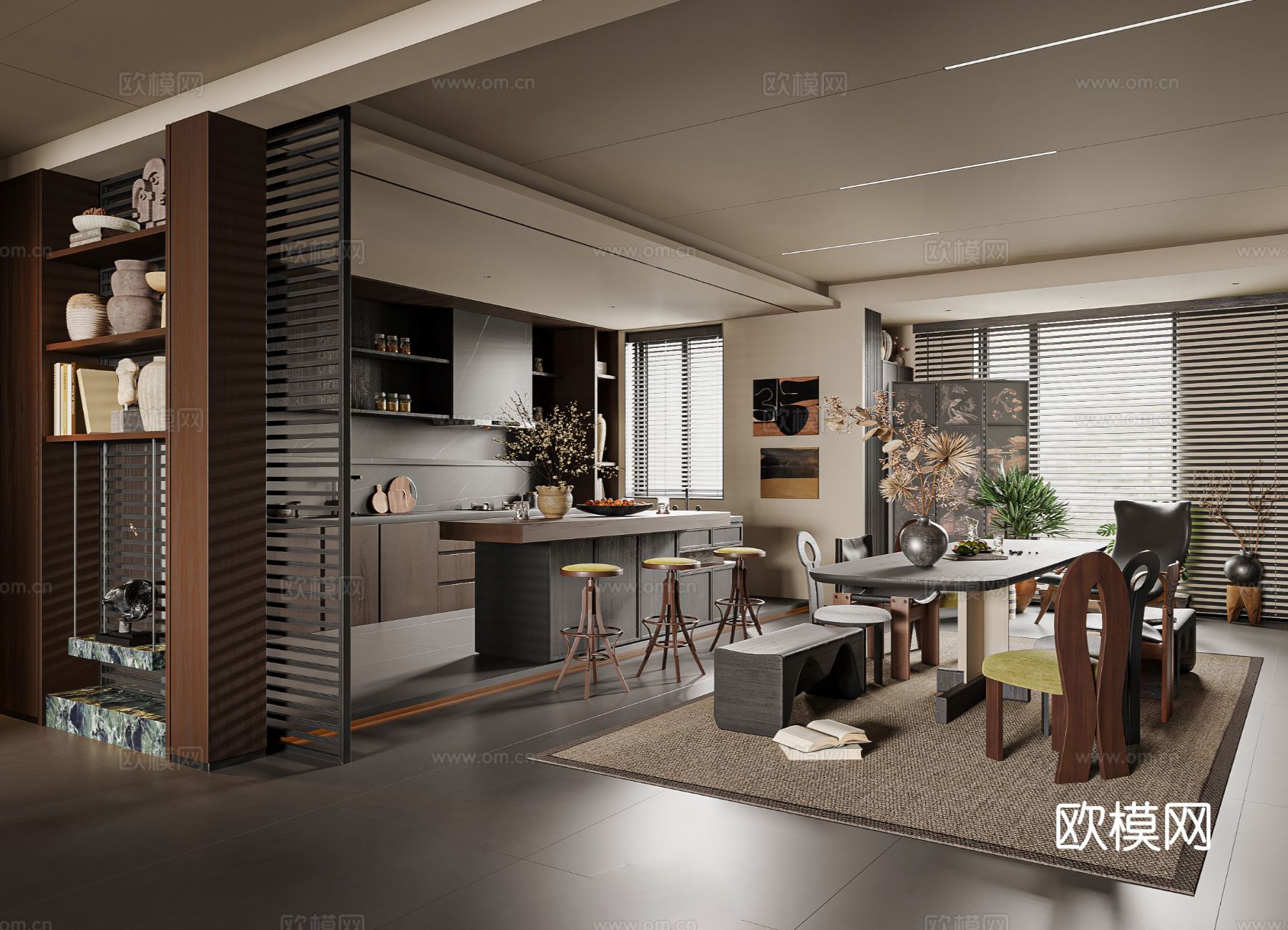 中古风家装效果客厅卧室大平层效果图下载（渲染图6）