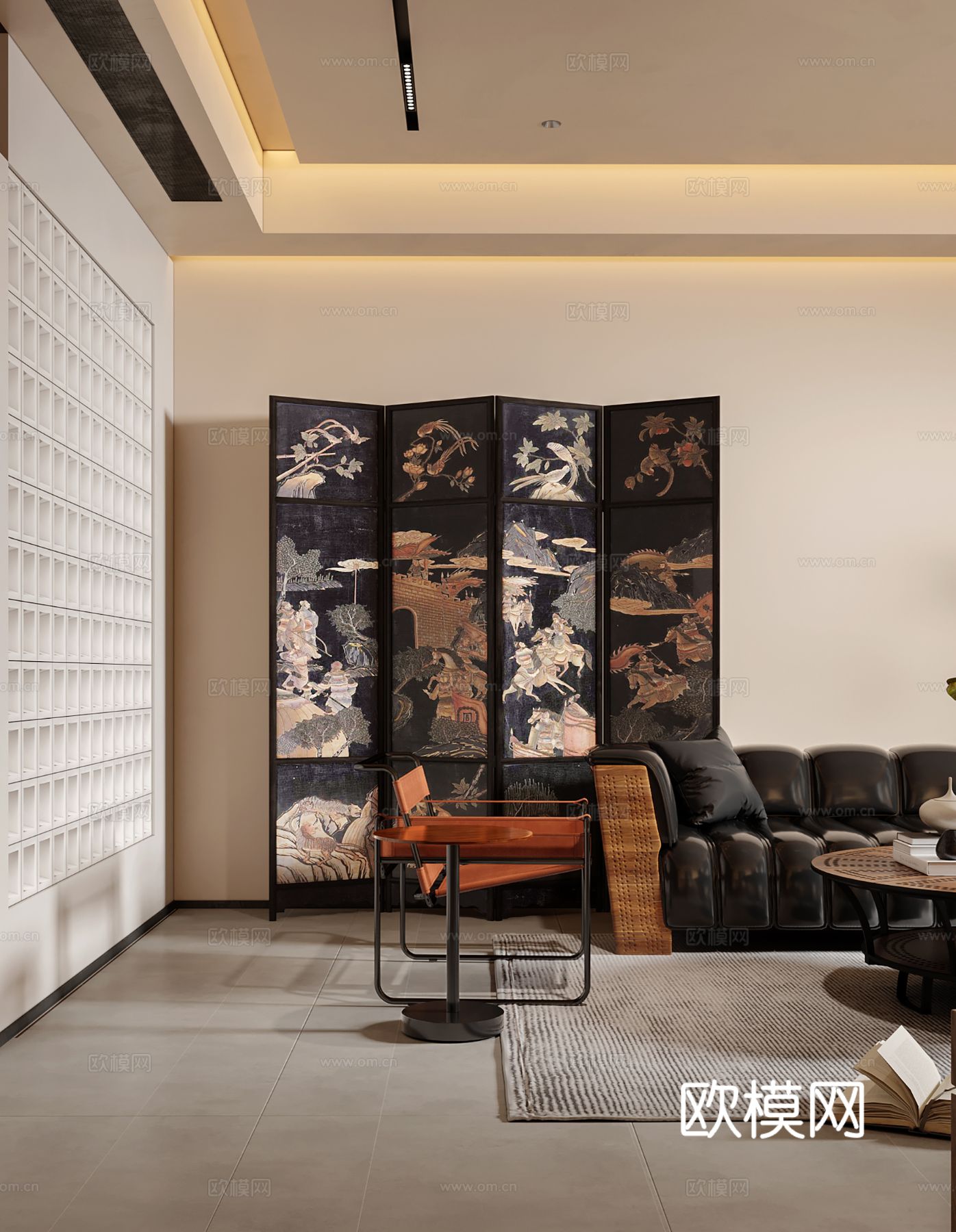 中古风家装效果客厅卧室大平层效果图下载（渲染图5）