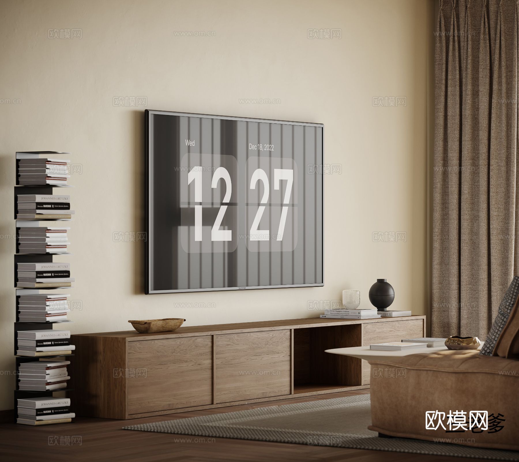 中古风家装效果客厅卧室大平层效果图下载（渲染图4）