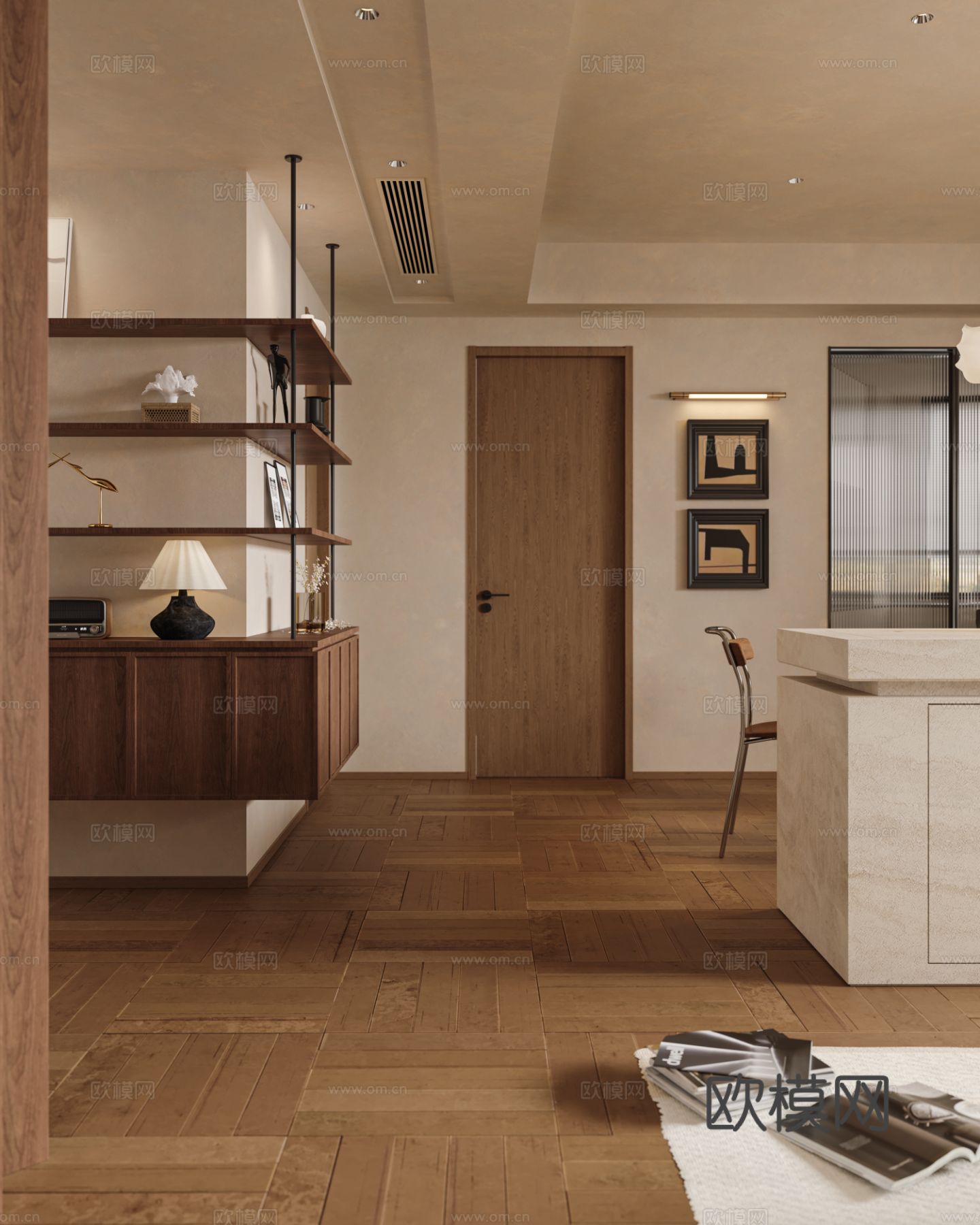 中古风家装效果客厅卧室大平层效果图下载（渲染图11）