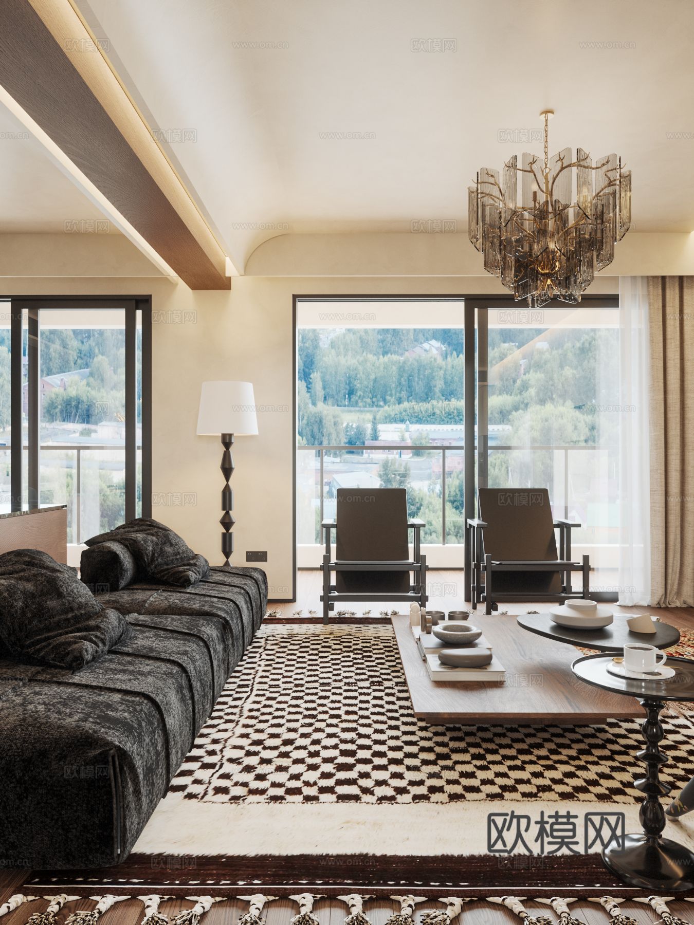 中古风家装效果客厅卧室大平层效果图下载（渲染图8）