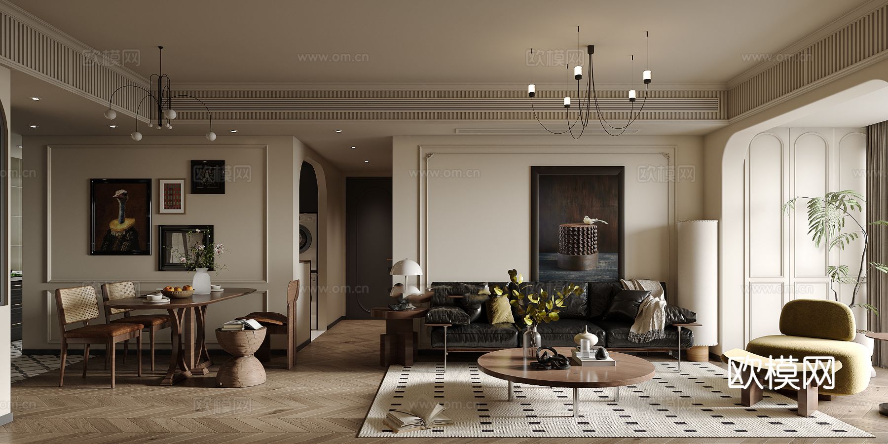 中古风家装效果客厅卧室大平层效果图下载（渲染图1）