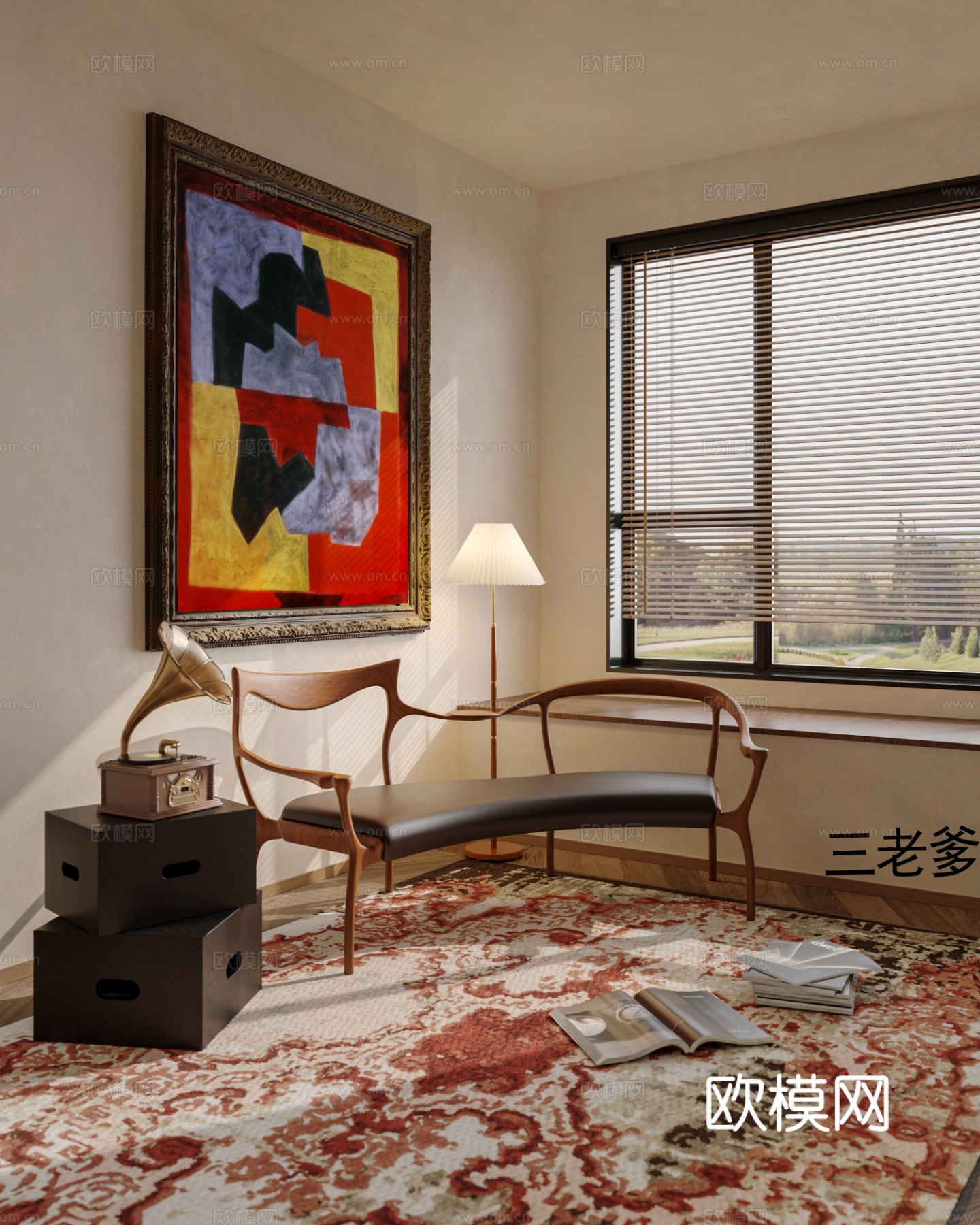 中古风家装效果客厅卧室大平层效果图下载（渲染图4）