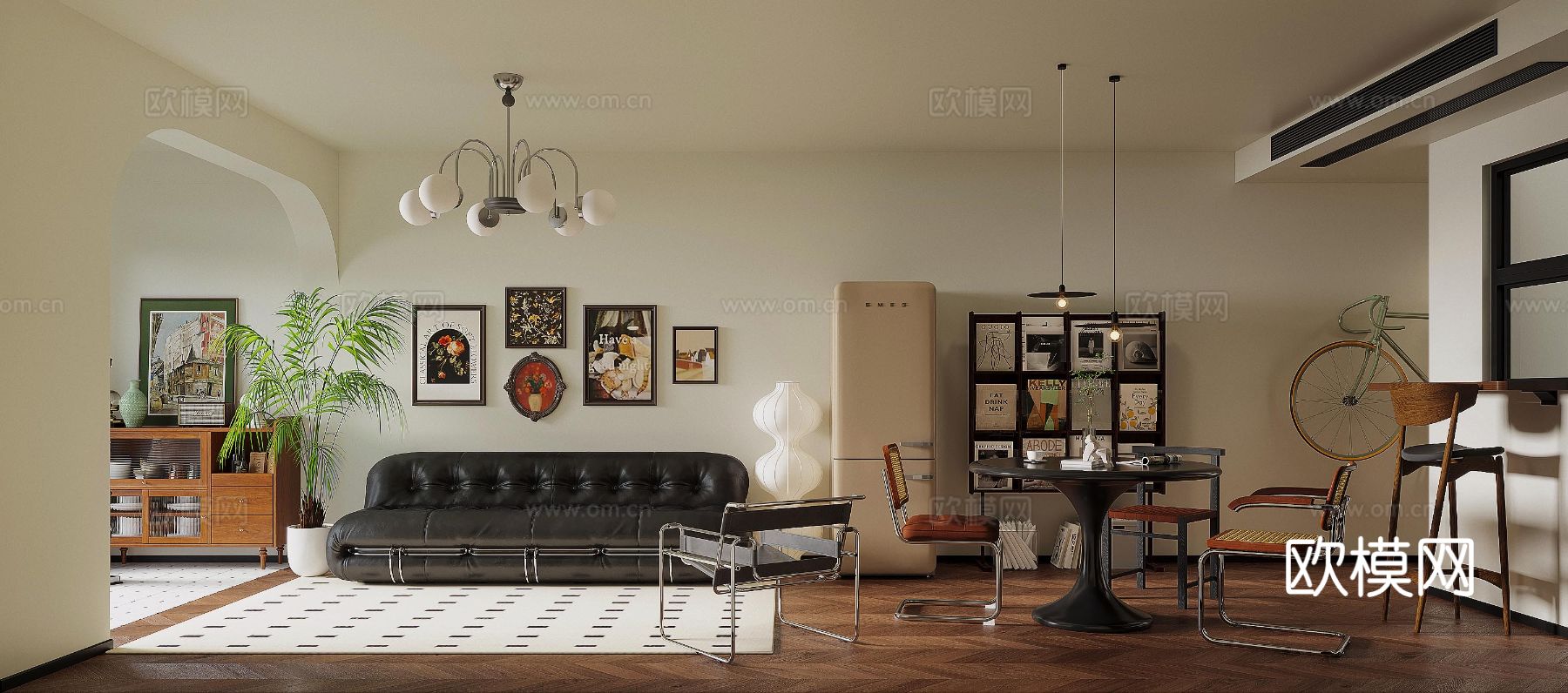 中古风家装效果客厅卧室大平层效果图下载（渲染图1）