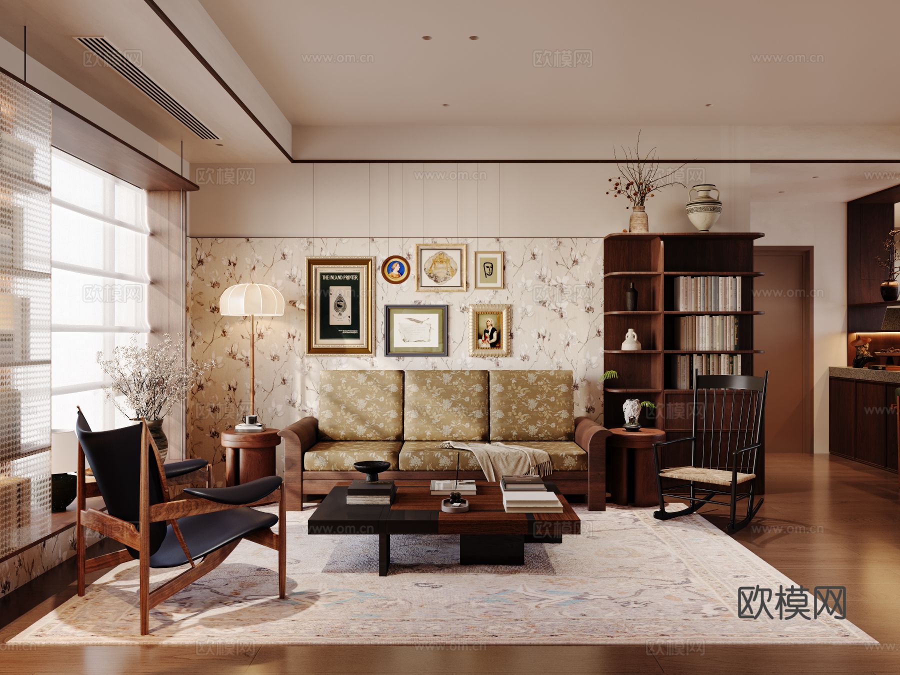 中古风家装效果客厅卧室大平层效果图下载（渲染图1）