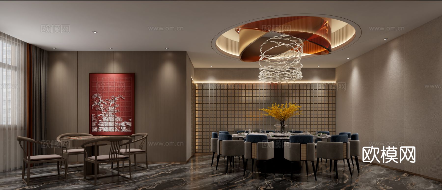 新中式茶室设计 餐厅效果图下载（渲染图4）