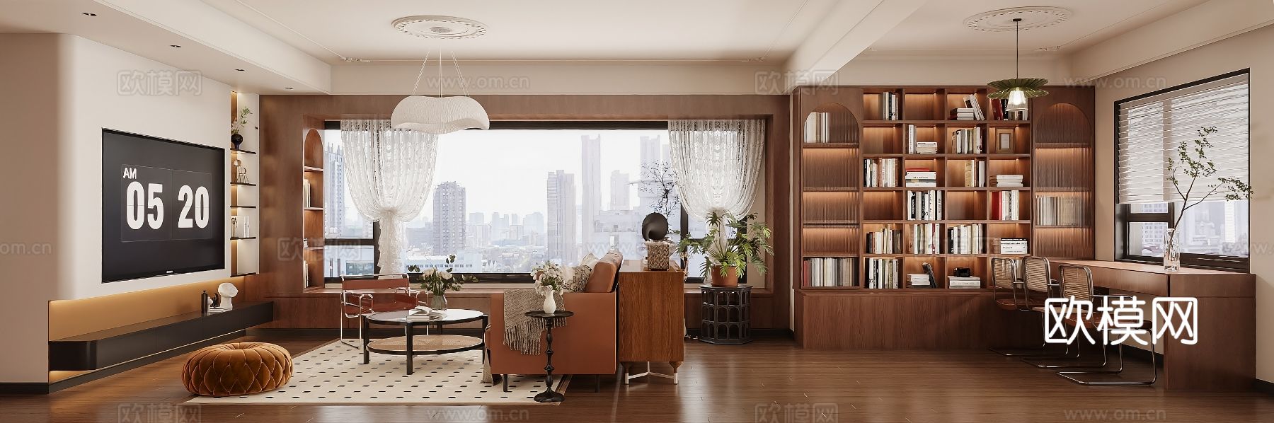 中古风家装效果客厅卧室大平层效果图下载（渲染图2）