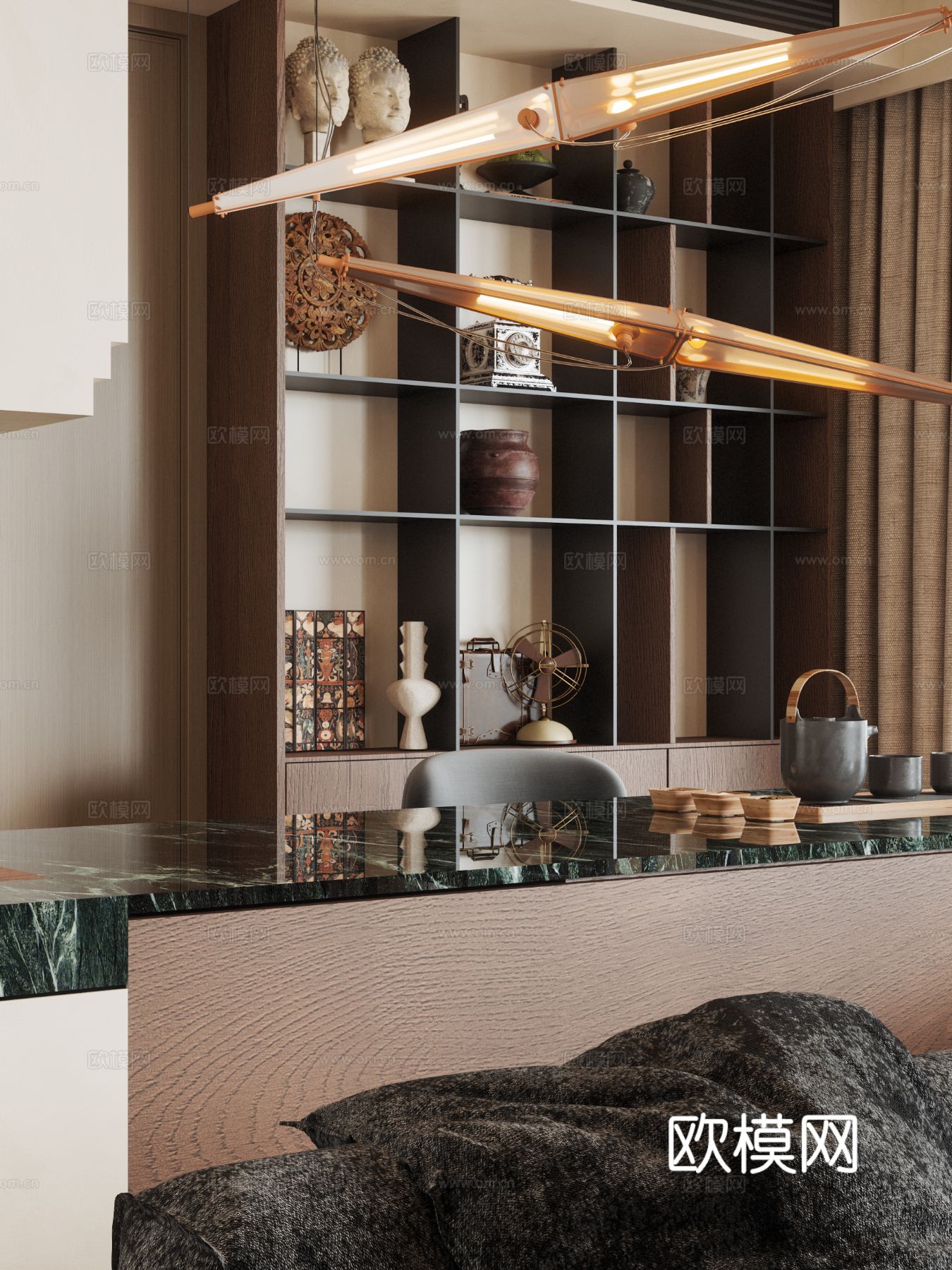 中古风家装效果客厅卧室大平层效果图下载（渲染图7）