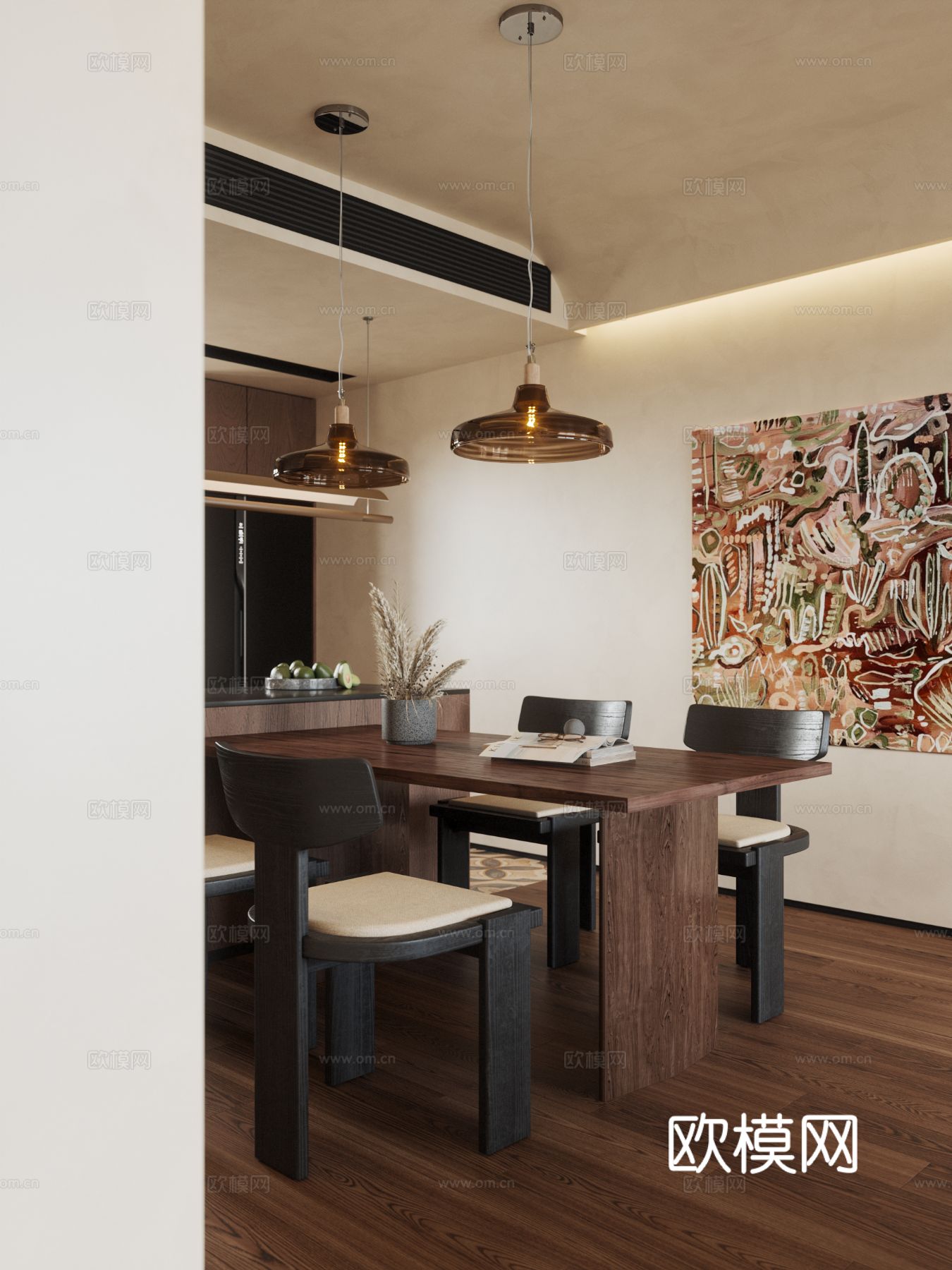 中古风家装效果客厅卧室大平层效果图下载（渲染图3）