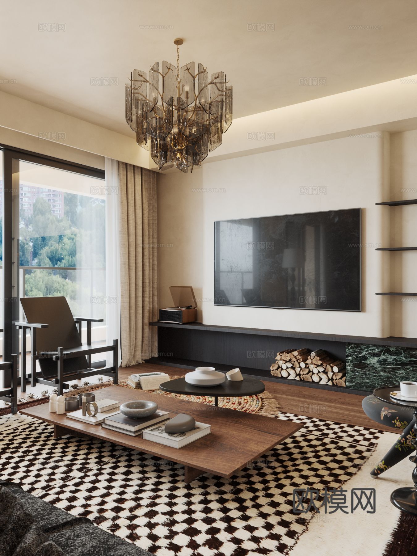 中古风家装效果客厅卧室大平层效果图下载（渲染图5）