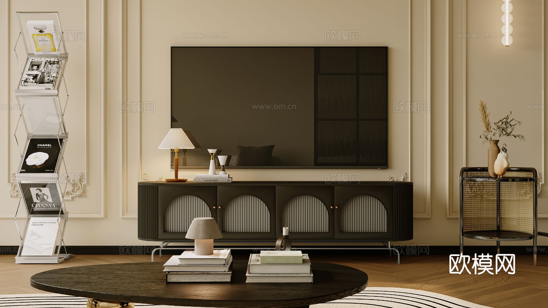 中古风家装效果客厅卧室大平层效果图下载（渲染图4）