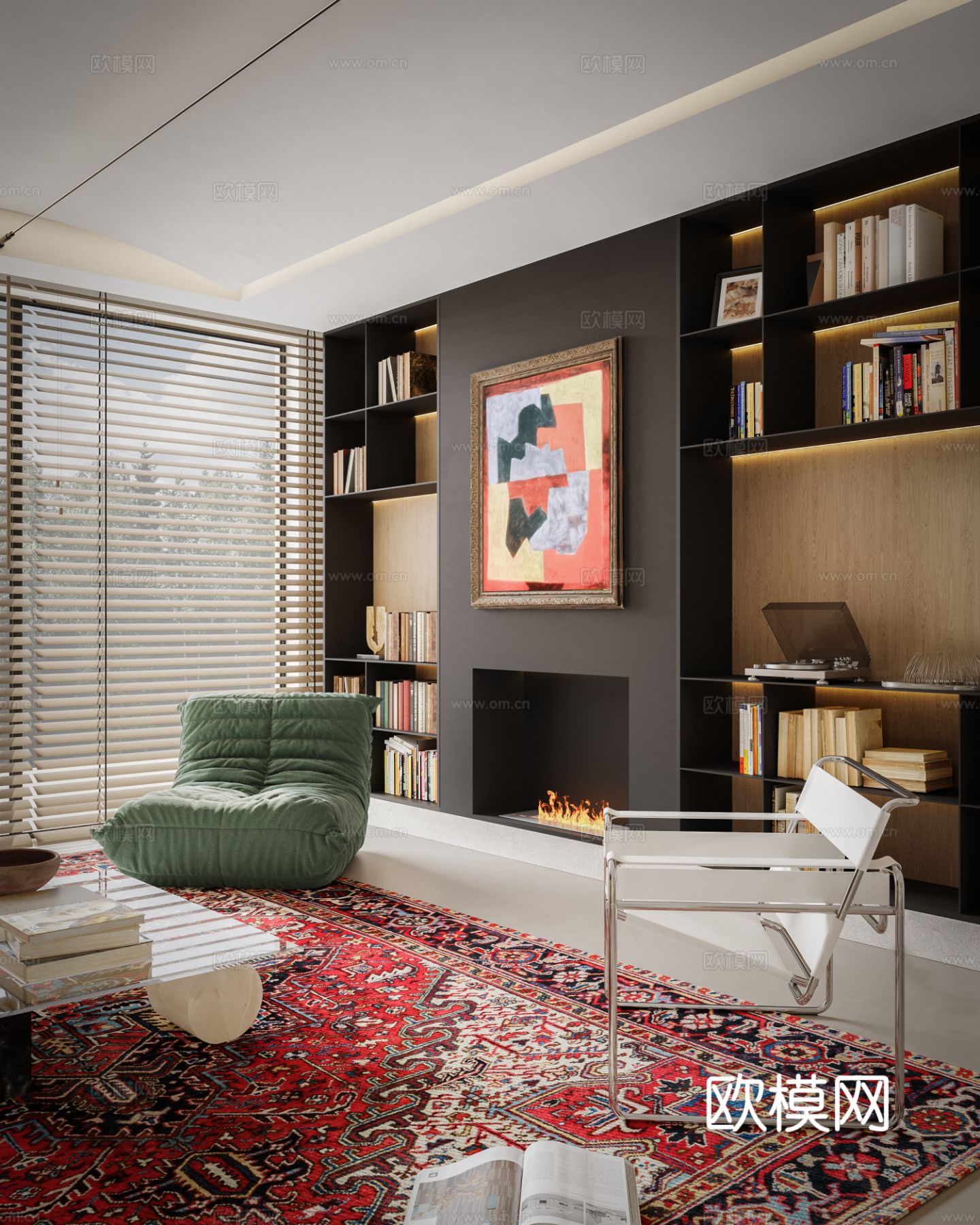 中古风家装效果客厅卧室大平层效果图下载（渲染图3）