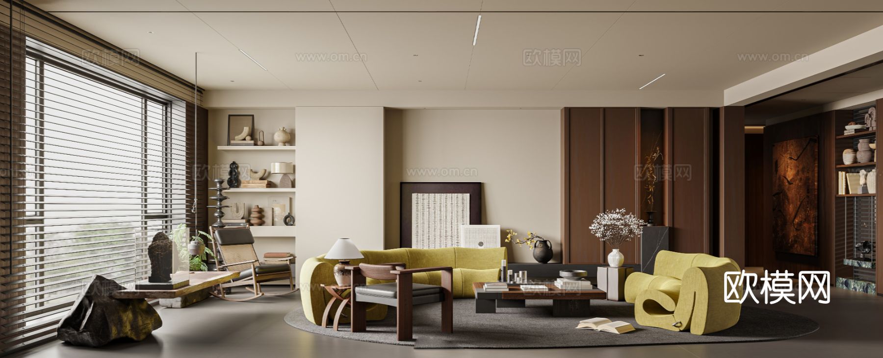 中古风家装效果客厅卧室大平层效果图下载（渲染图1）