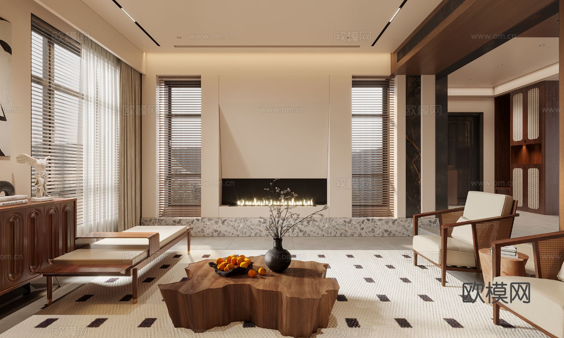 中古风家装效果客厅卧室大平层效果图下载（渲染图2）