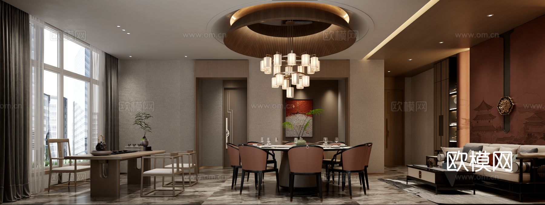 新中式茶室设计 餐厅效果图下载（渲染图1）