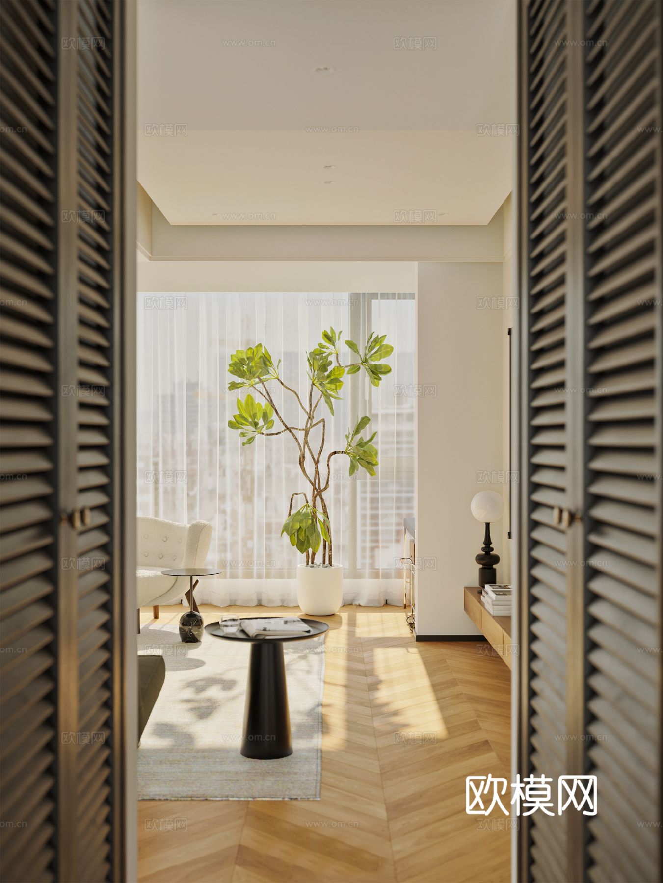 中古风家装效果客厅卧室大平层效果图下载（渲染图7）