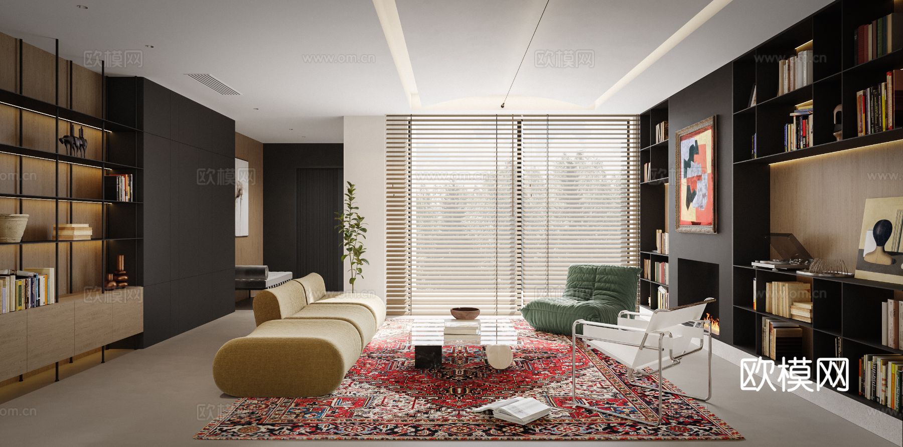 中古风家装效果客厅卧室大平层效果图下载（渲染图2）