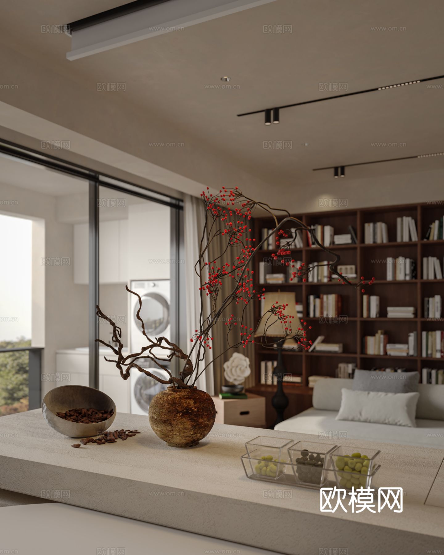 中古风家装效果客厅卧室大平层效果图下载（渲染图2）