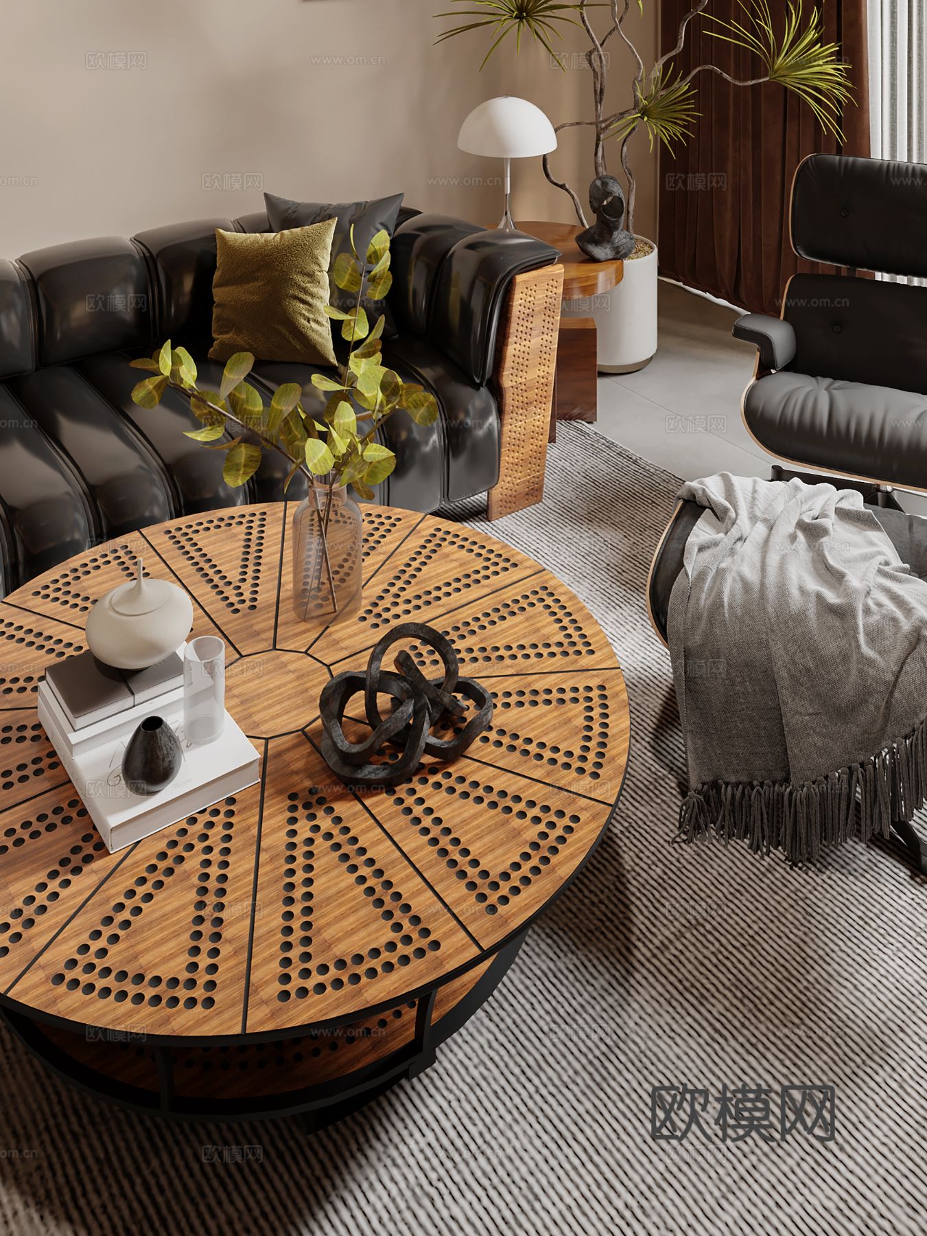 中古风家装效果客厅卧室大平层效果图下载（渲染图4）