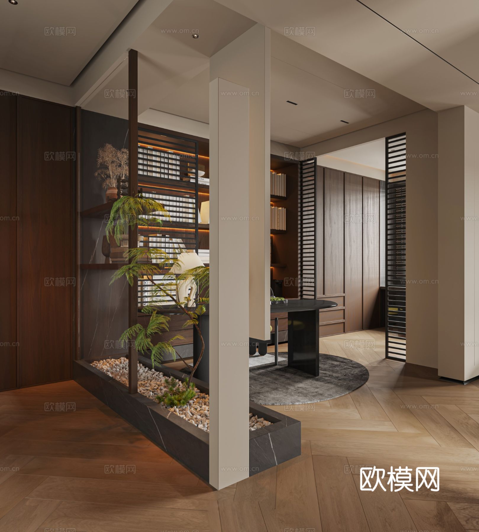 中古风家装效果客厅卧室大平层效果图下载（渲染图12）