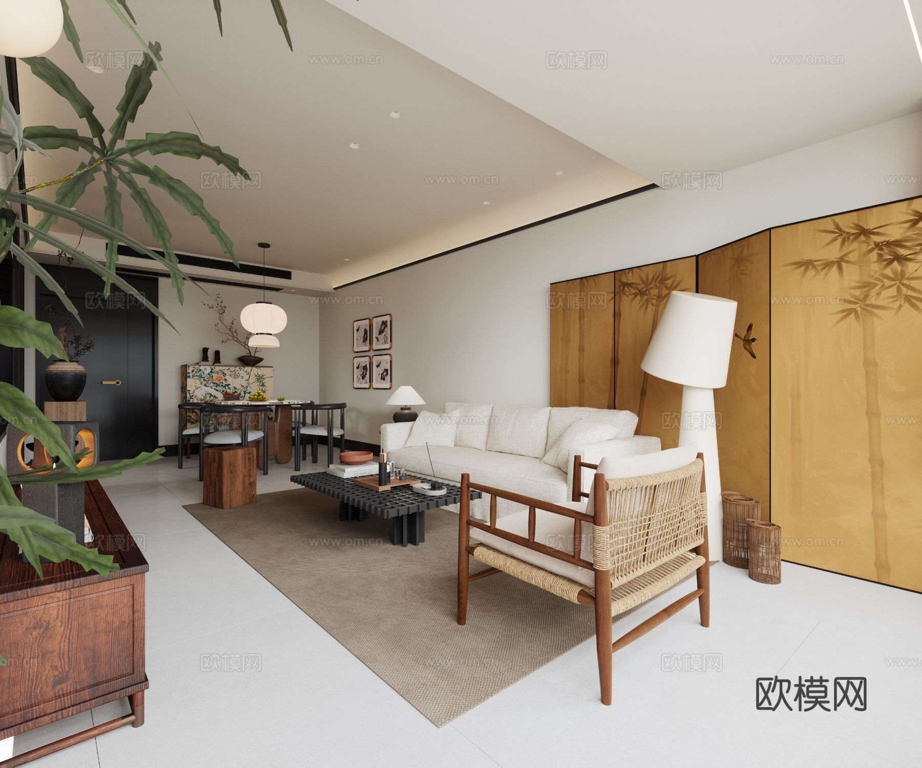 中古风家装效果客厅卧室大平层效果图下载（渲染图1）