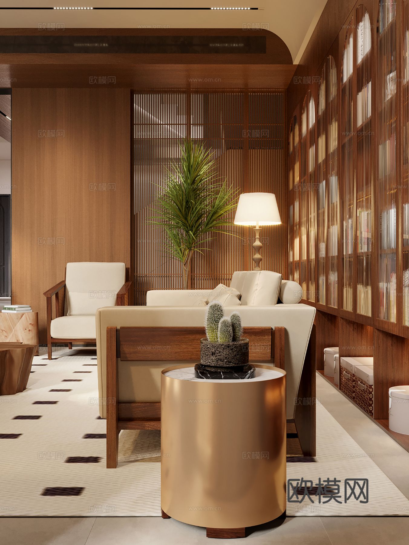 中古风家装效果客厅卧室大平层效果图下载（渲染图7）