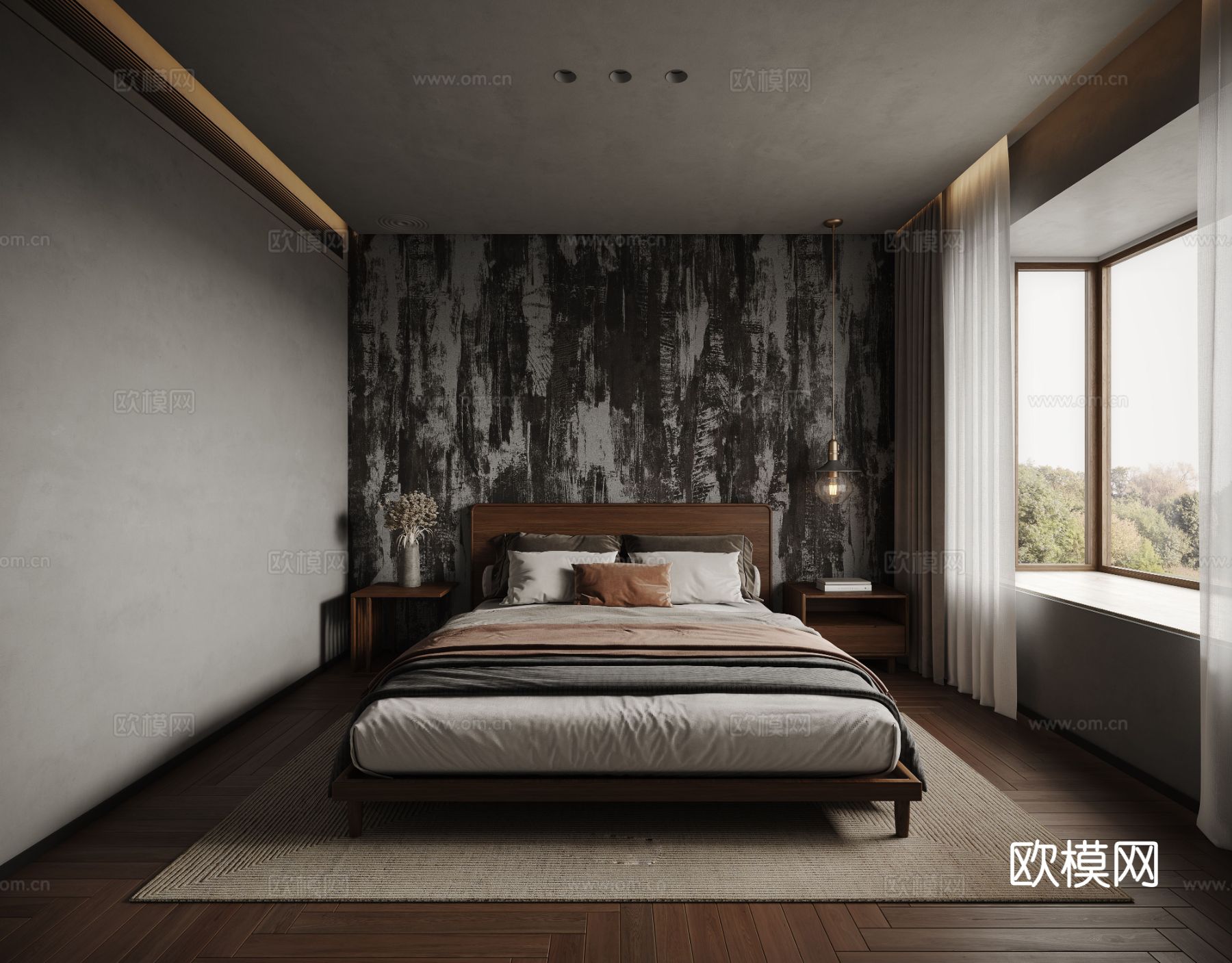 中古风家装效果客厅卧室大平层效果图下载（渲染图2）