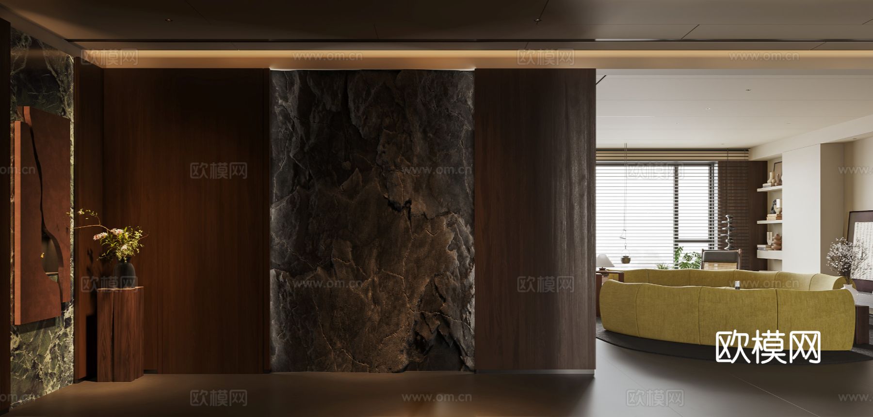 中古风家装效果客厅卧室大平层效果图下载（渲染图3）