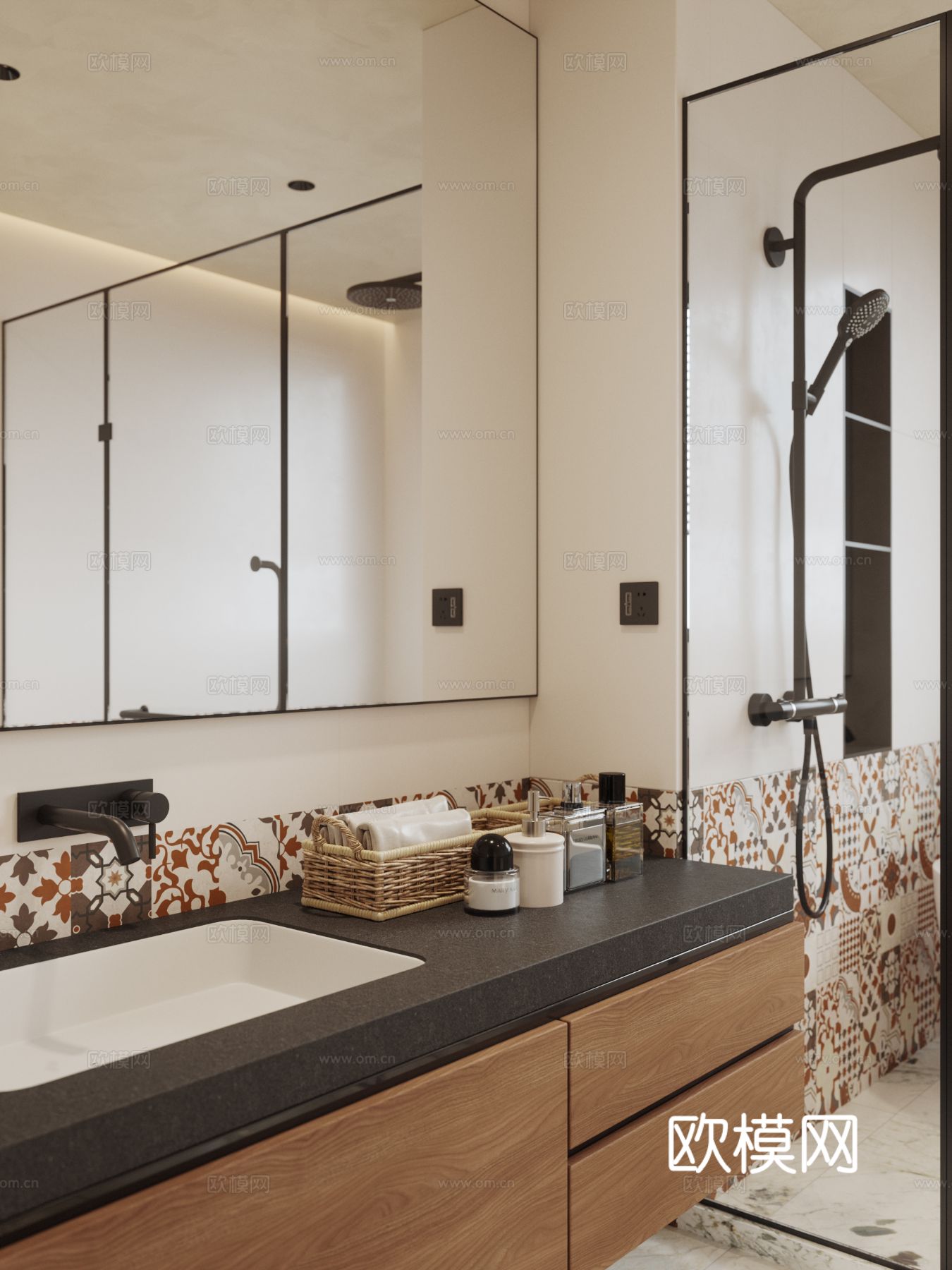 中古风家装效果客厅卧室大平层效果图下载（渲染图2）