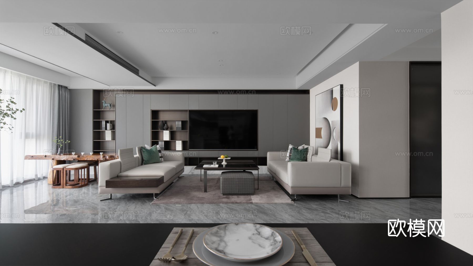 意式现代家装设计 客厅卧室效果图下载（渲染图1）